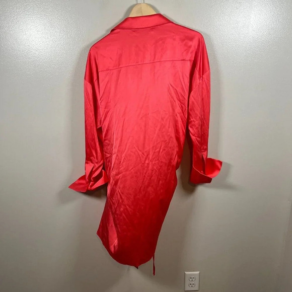 SER.O.YA Demi Silk Dress Size Medium Neon Coral Pink Shirt Dress Wrap Party - Picture 3 of 13